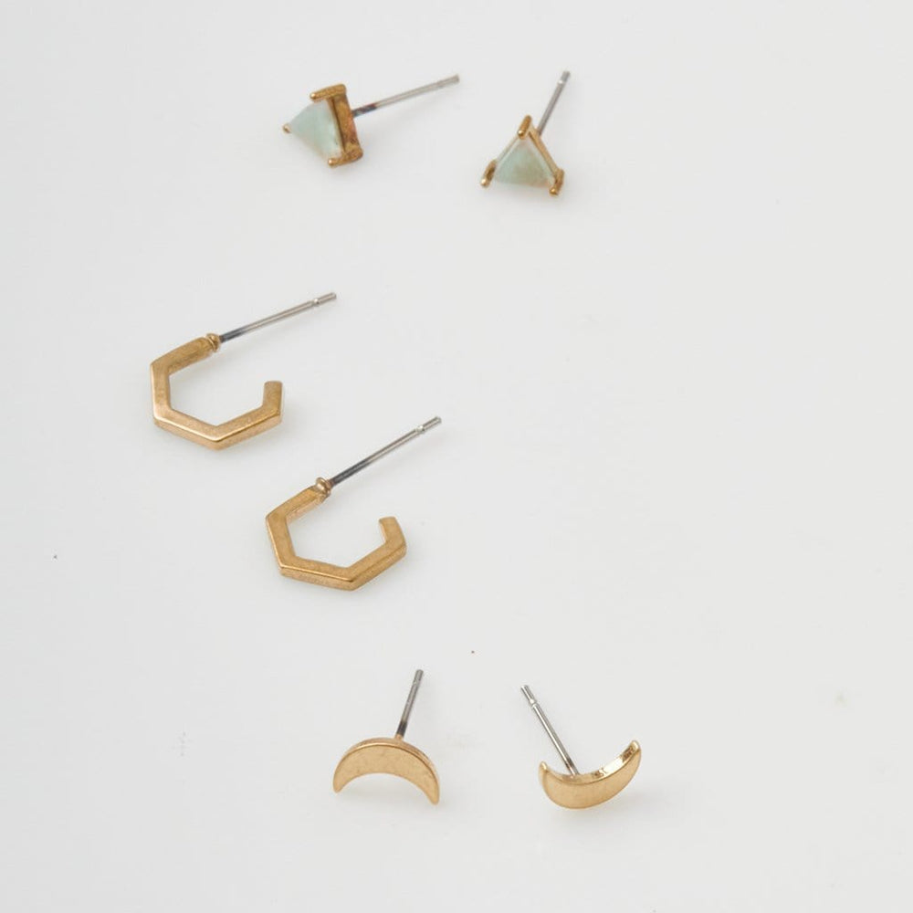 
                  
                    EAR-GPL Gold Ella Stud Trio - Labradorite Triangle, Moon, Hexagon Hoop
                  
                