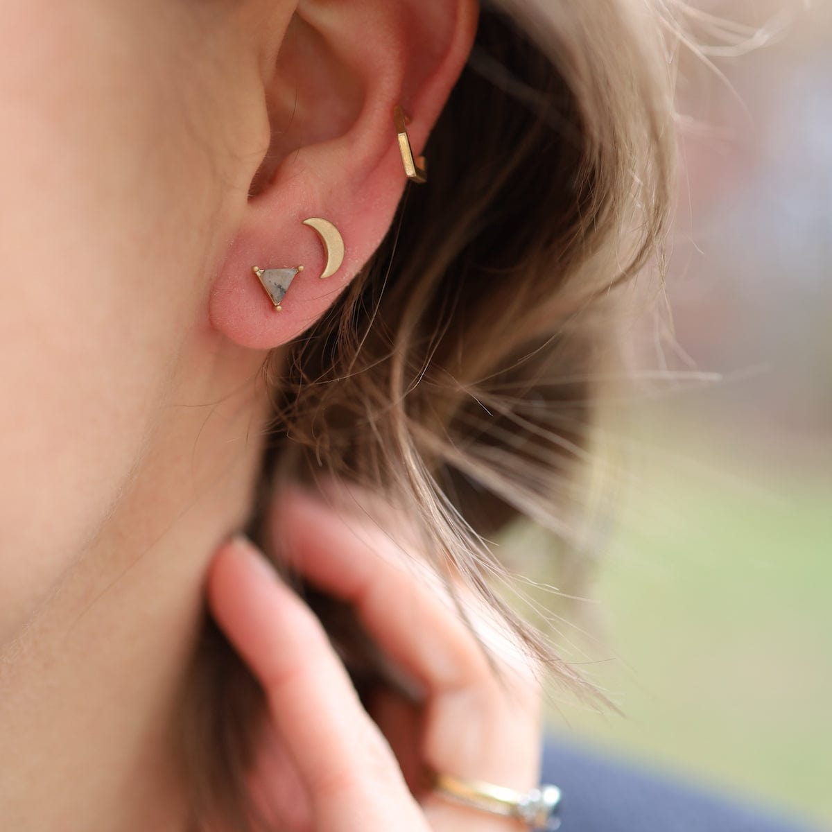 EAR-GPL Gold Ella Stud Trio - Labradorite Triangle, Moon, Hexagon Hoop