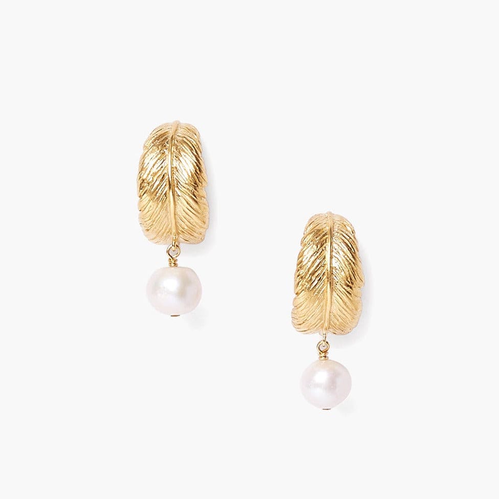 EAR-GPL Gold Feather Pearl Drop Hoops