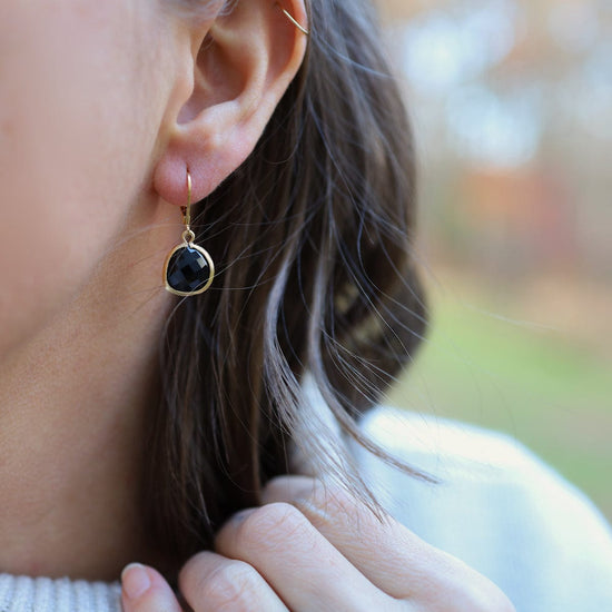 EAR-GPL Gold Plated Black Glass Lever Back Earrings