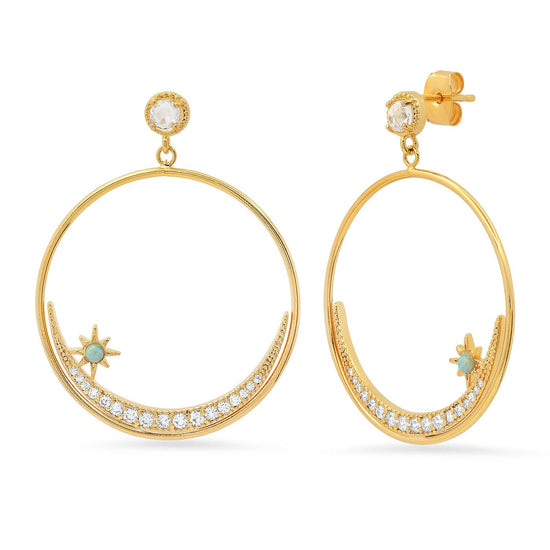EAR-GPL Gold Plated Crescent CZ Moon & Opal Star Front Hoops