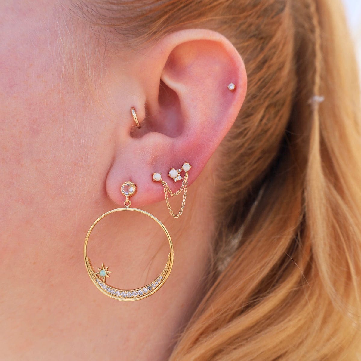 EAR-GPL Gold Plated Crescent CZ Moon & Opal Star Front Hoops