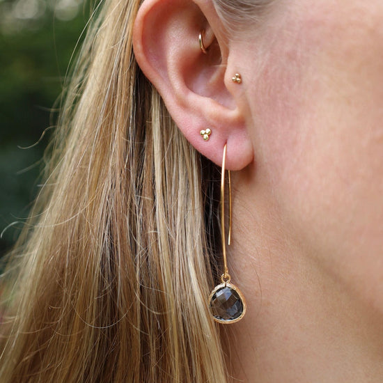 EAR-GPL Gold Plated Gem Dangle Earrings - Smokey Gray