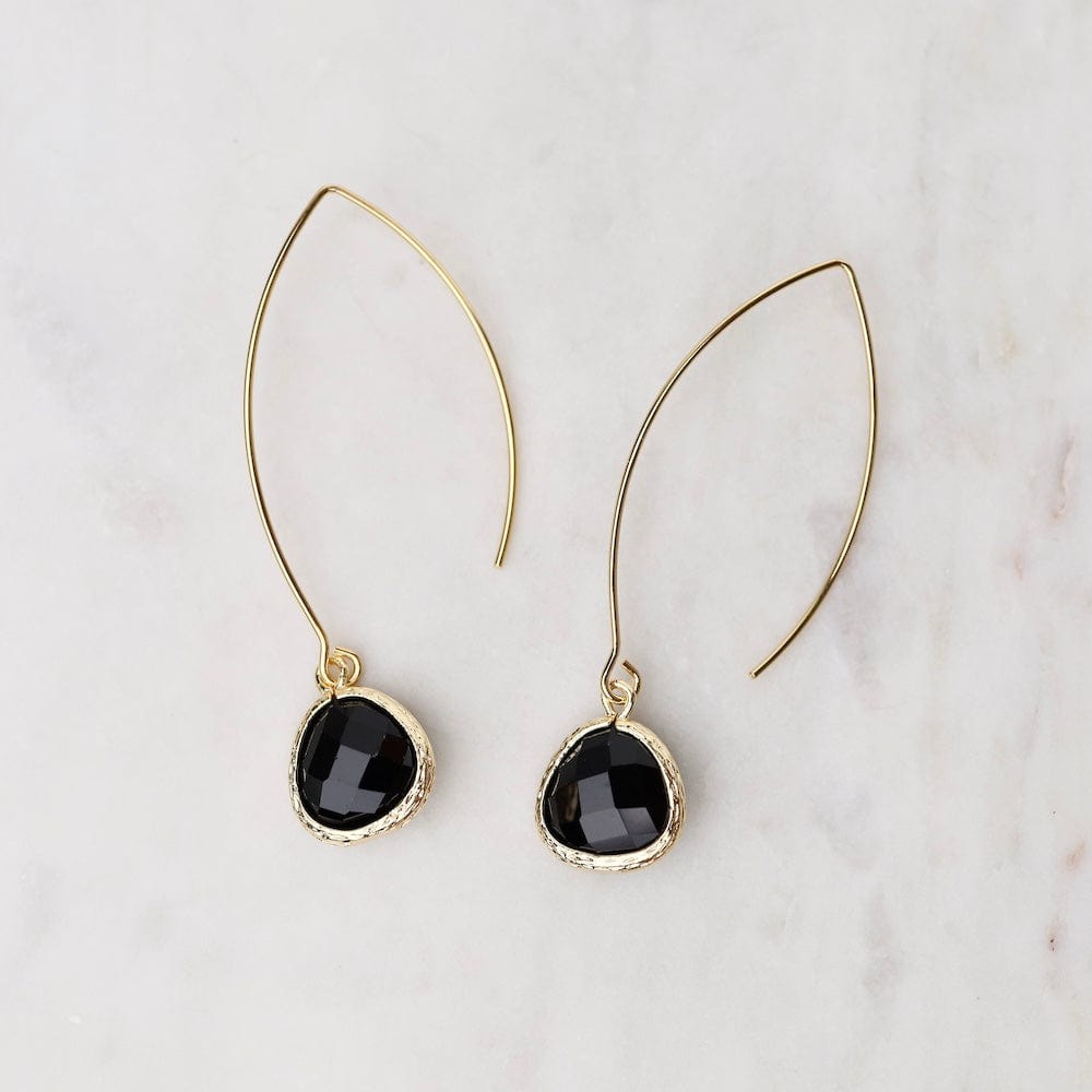 EAR-GPL Gold Plated Long Crystal Drop Earrings - Black