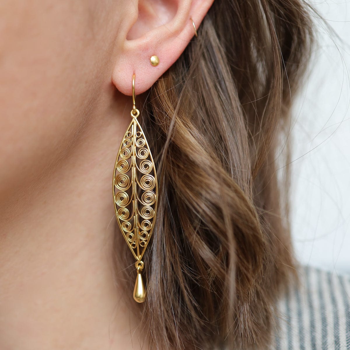 EAR-GPL Gold Plated Long Filigree Swirl Leaf Drop Earrings