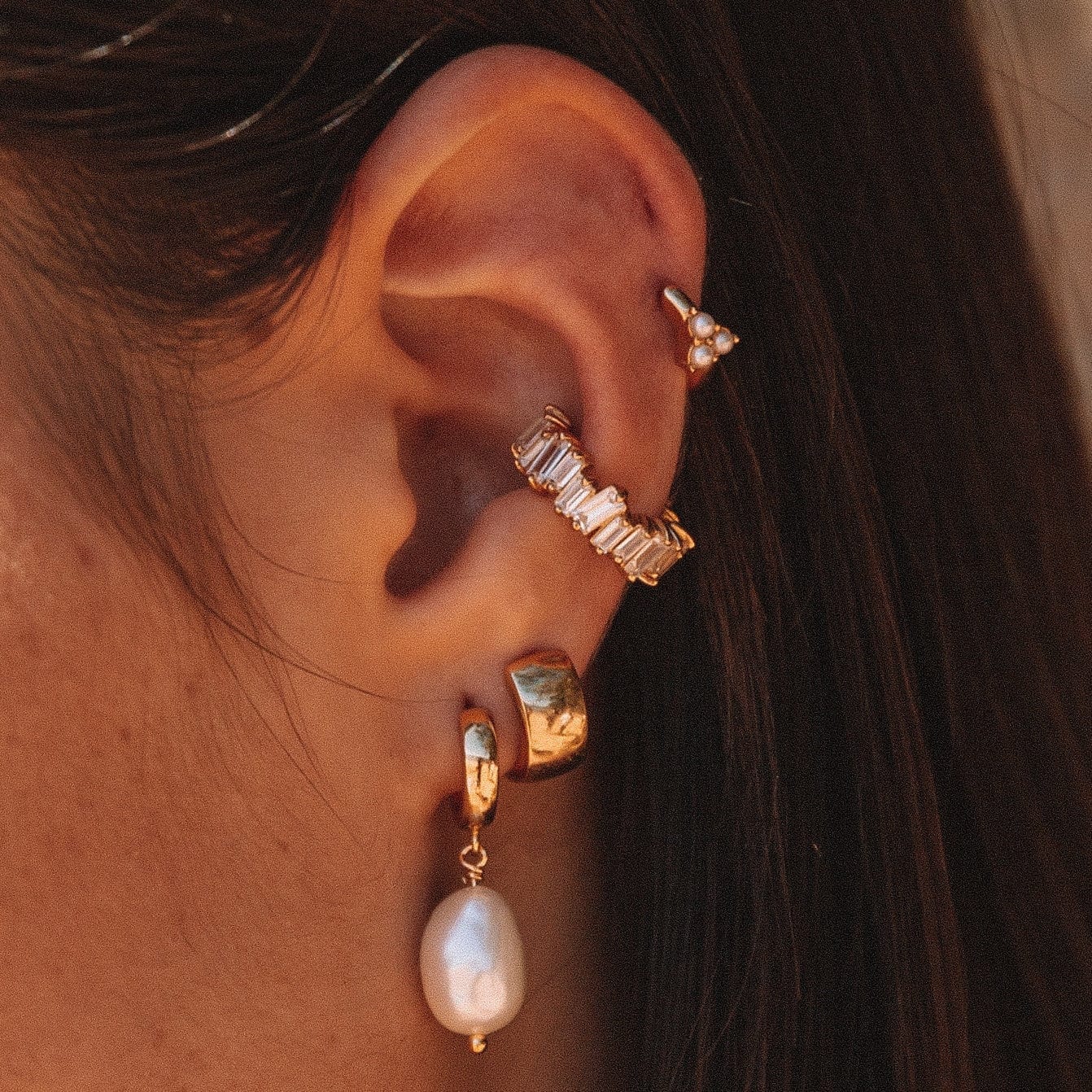 EAR-GPL Gold Plated Sterling Silver Pearl Trinity Huggie Earrings