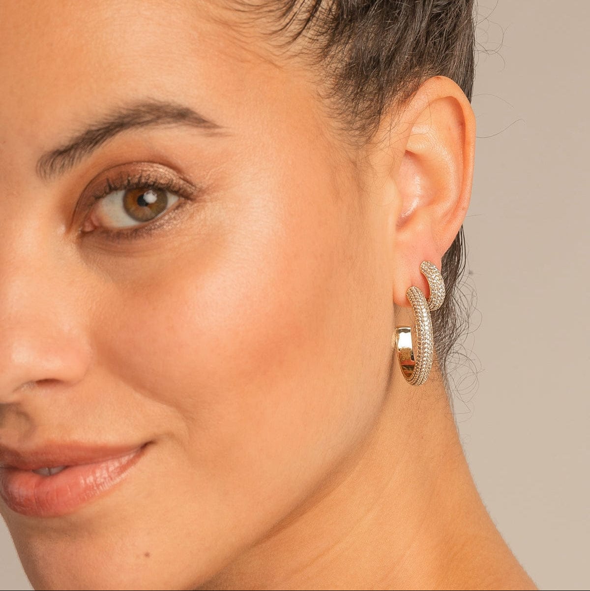 EAR-GPL Gold Plated Unstoppable Pave Midi Hoop Earrings