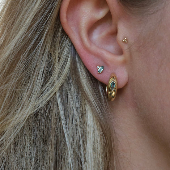 Load image into Gallery viewer, EAR-GPL Gold Teal Sparkle Emblem Stud Earrings
