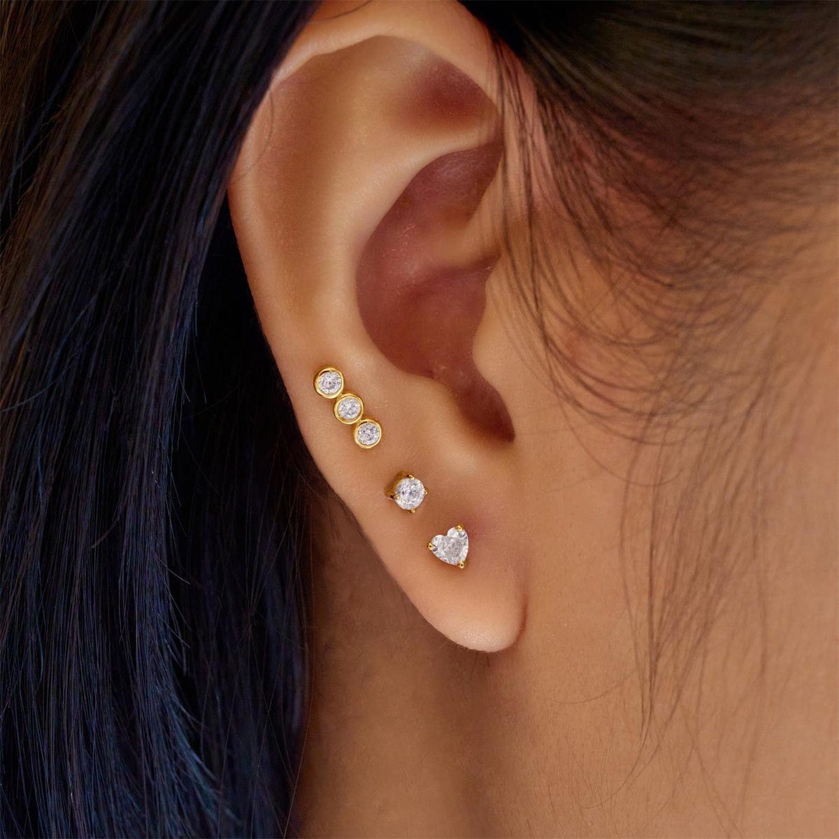 EAR-GPL Gold Triple Stone Bezel Barbell Single Earring
