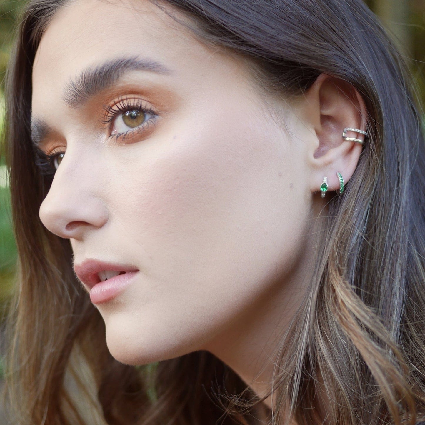 EAR-GPL Green Stones Gold Plated Sterling Silver Huggie Earrings
