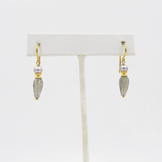Load image into Gallery viewer, EAR-GPL GREY PEARL AND FACETED LABRADORITE DROP EARRINGS
