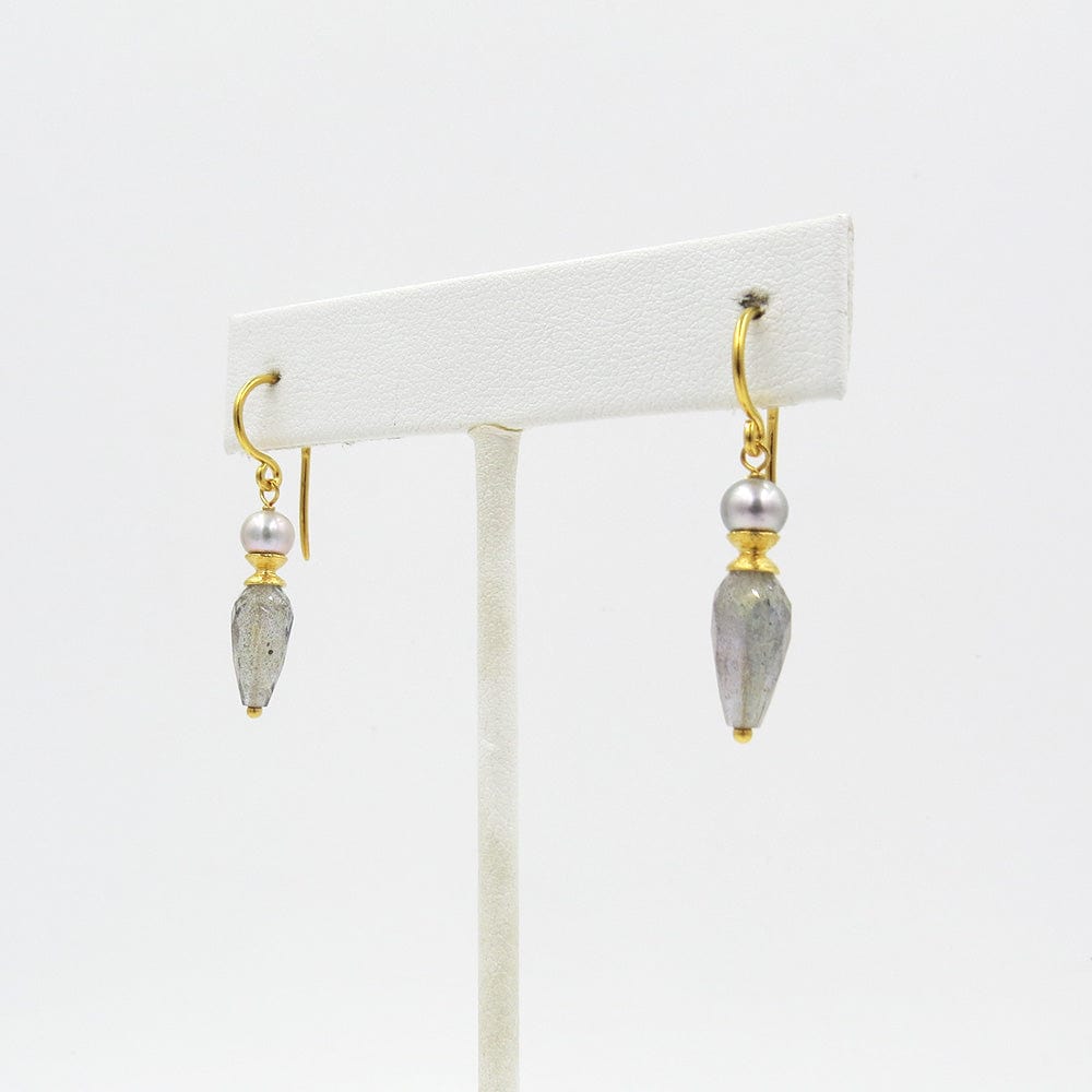 Load image into Gallery viewer, EAR-GPL GREY PEARL AND FACETED LABRADORITE DROP EARRINGS
