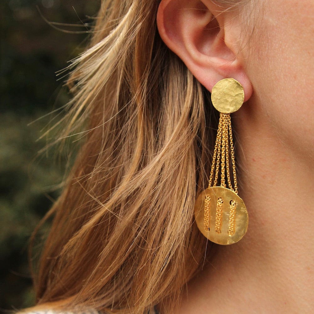 EAR-GPL Hammered Discs Post with Chains Earring