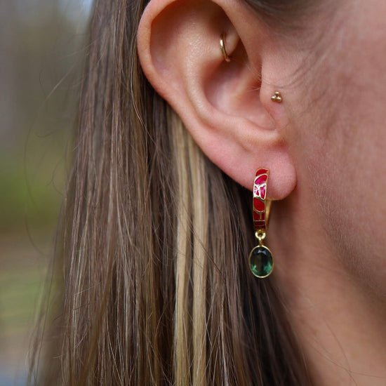 EAR-GPL Hand Enameled Hoop Earrings Gold - Green Tourmaline