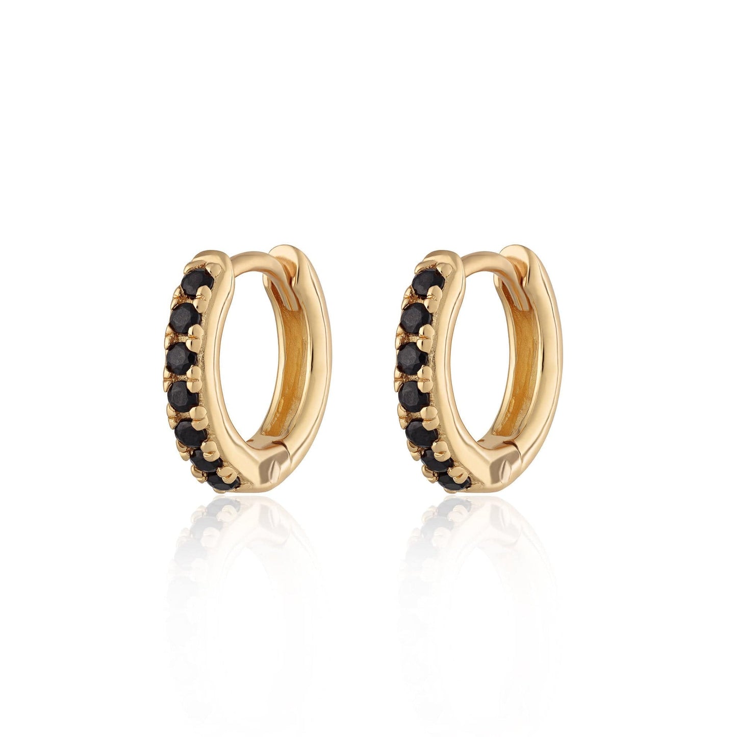 EAR-GPL Huggie Earrings With Black Stones - 18k Gold Plate