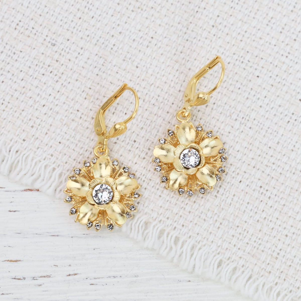 EAR-GPL Layered Petal Flower Crystal Earrings - Gold Plate