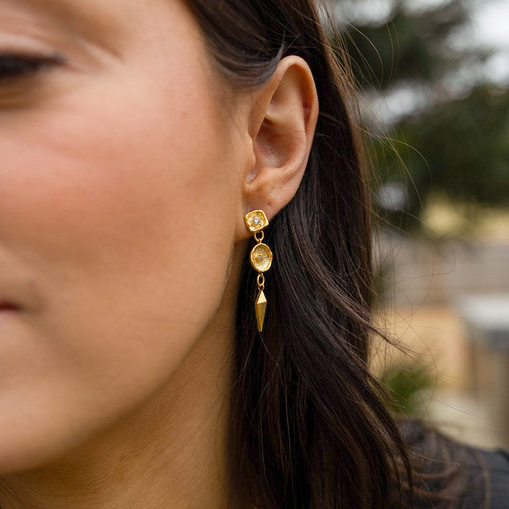 
                  
                    EAR-GPL Matte Gold Shield Dangle Earrings
                  
                