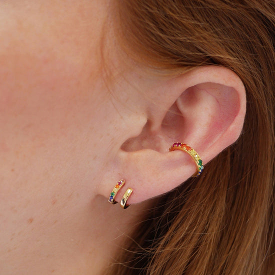 EAR-GPL Mismatched Double Huggie Earrings with Rainbow Stones