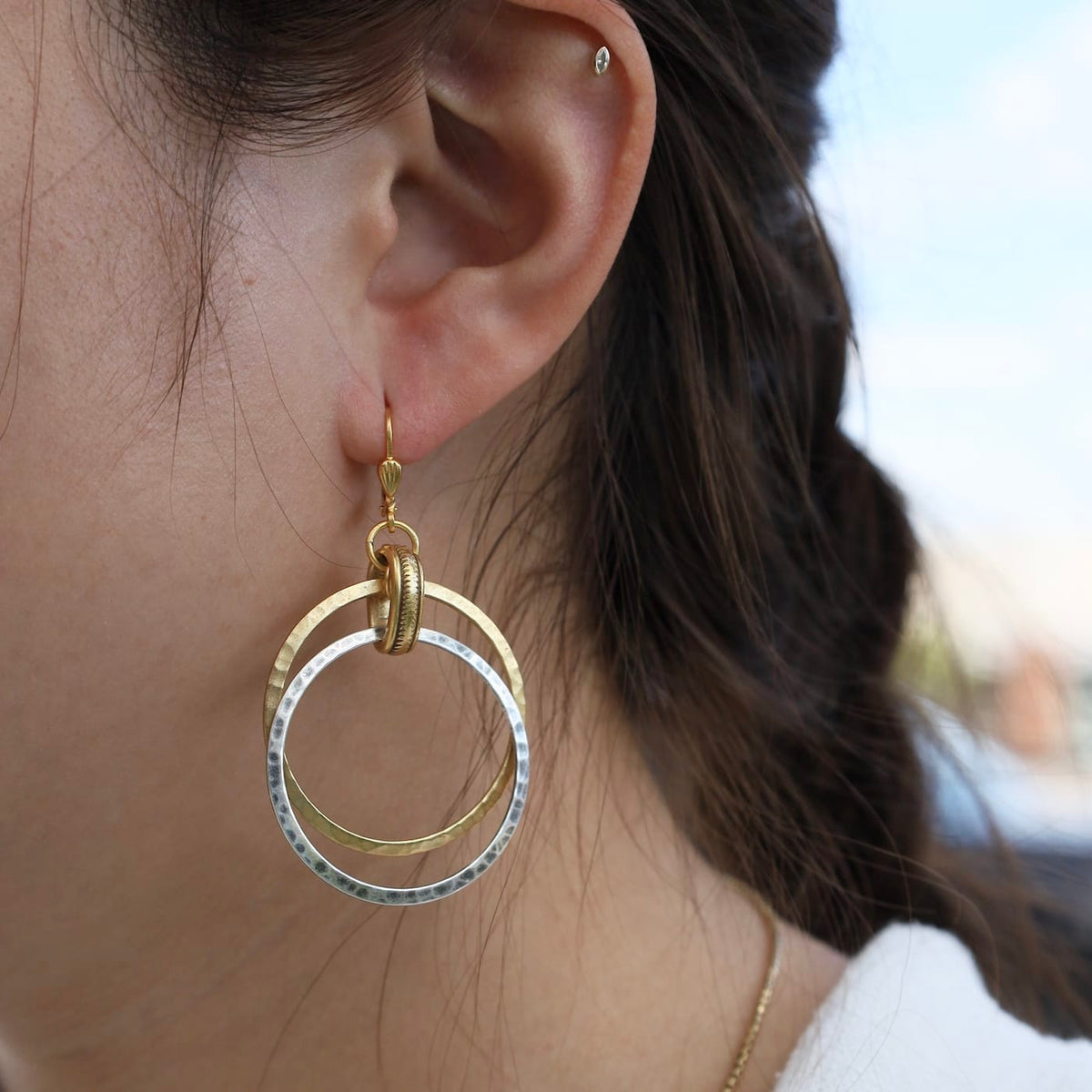 EAR-GPL Mix Metal Hammered Hoop Earrings - Gold Plate