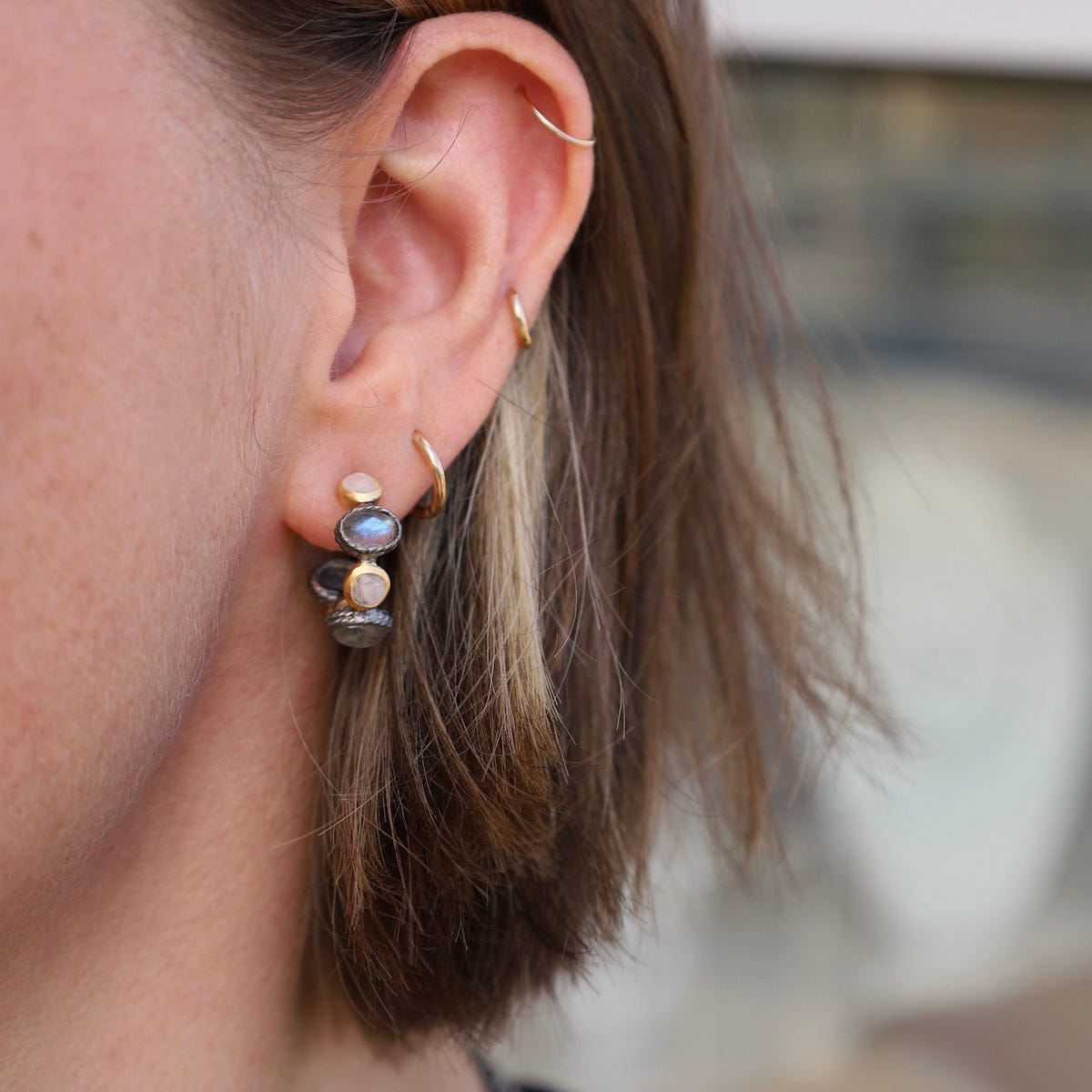 EAR-GPL Moonstone and Labradorite Two Tone Hoop Earrings