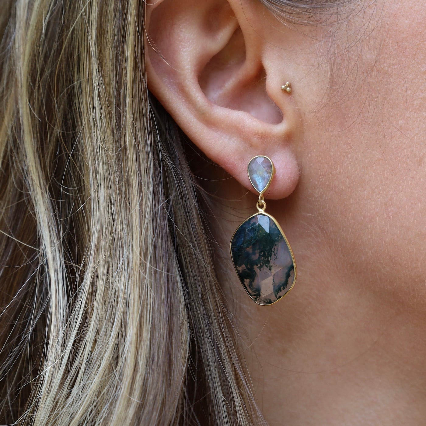 EAR-GPL Moss Agate & Labradorite Gold Plated Earrings