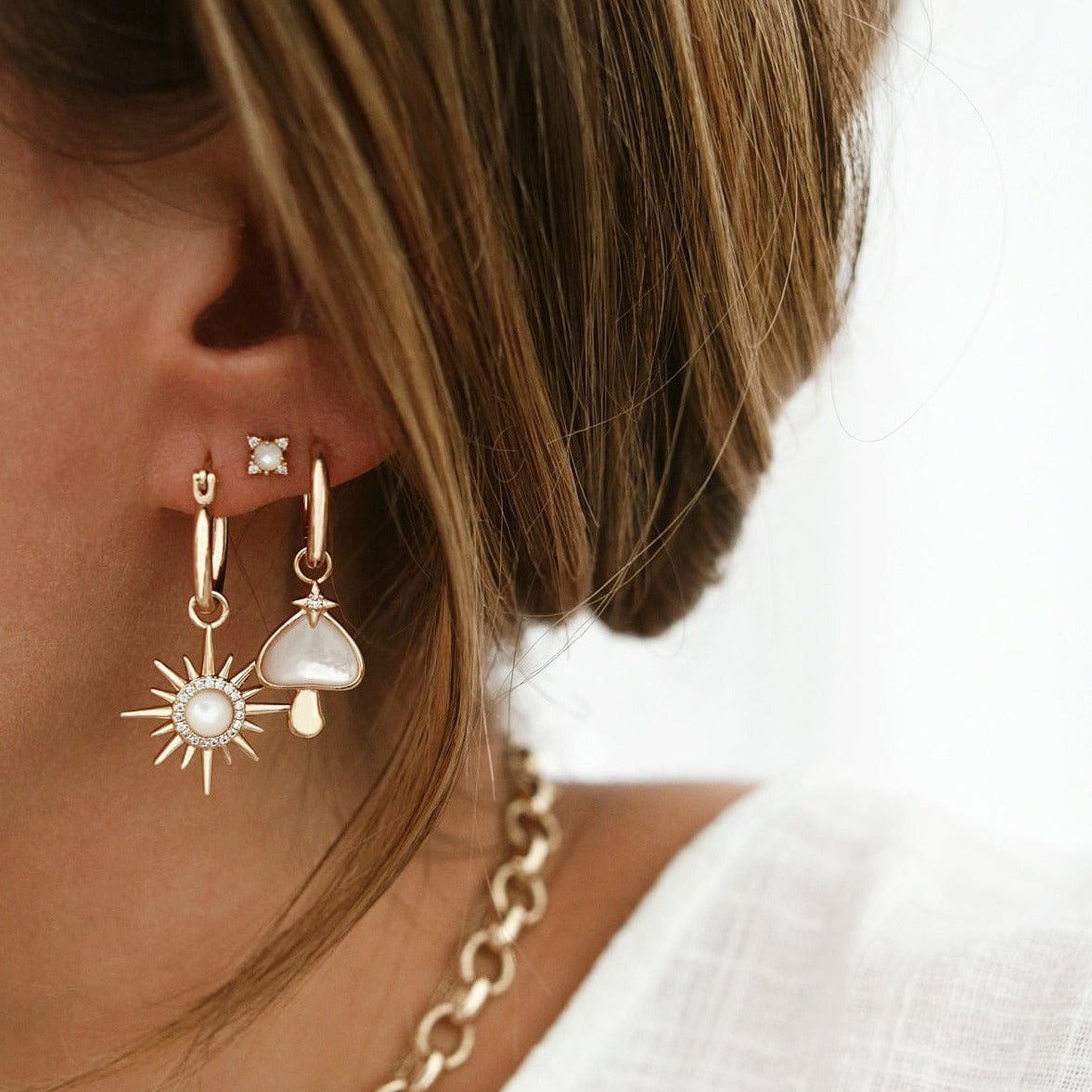 EAR-GPL Mother of Pearl  Starburst Mini Hoop Earrings