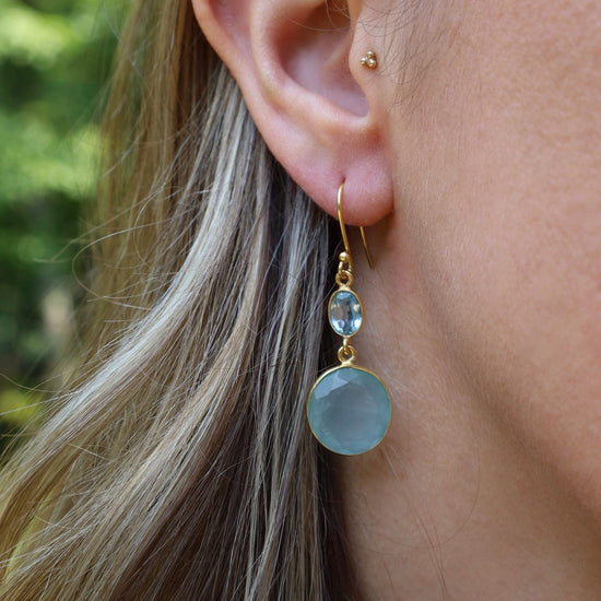 EAR-GPL Natural Blue Topaz & Chalcedony Gold Earrings