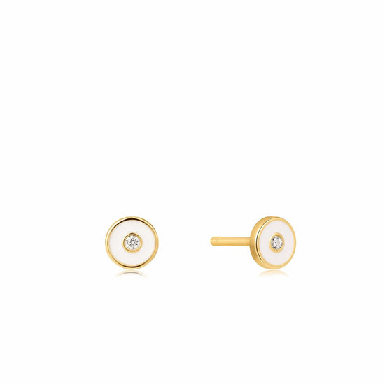 Load image into Gallery viewer, EAR-GPL Optic White Enamel Disc Gold Stud Earrings

