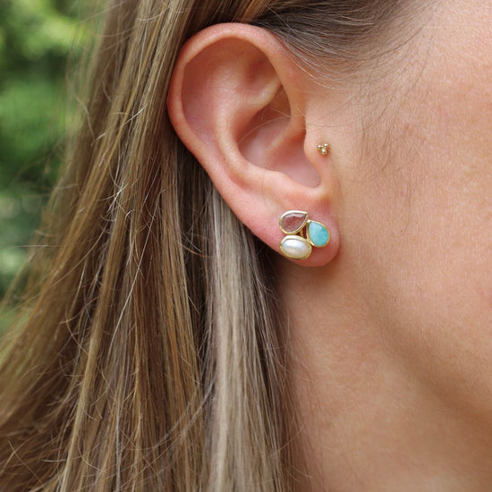 EAR-GPL Pearl, Amazonite & Strawberry Quartz Stud Earrings