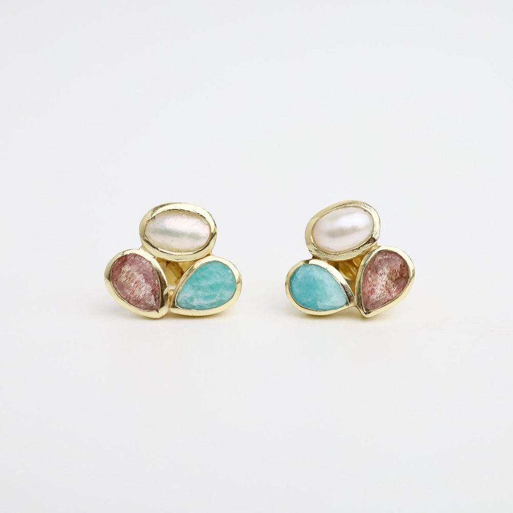 EAR-GPL Pearl, Amazonite & Strawberry Quartz Stud Earrings