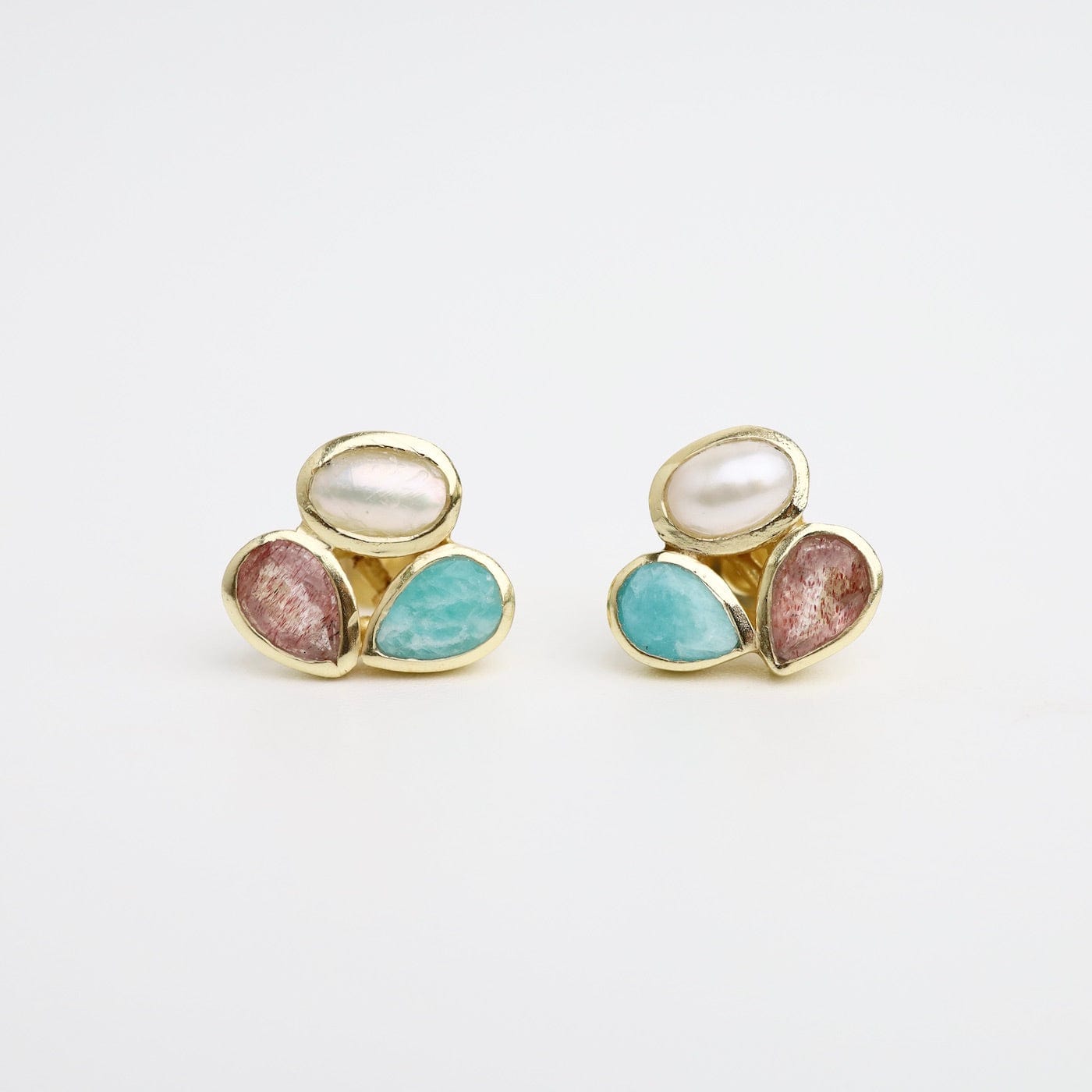 EAR-GPL Pearl, Amazonite & Strawberry Quartz Stud Earrings