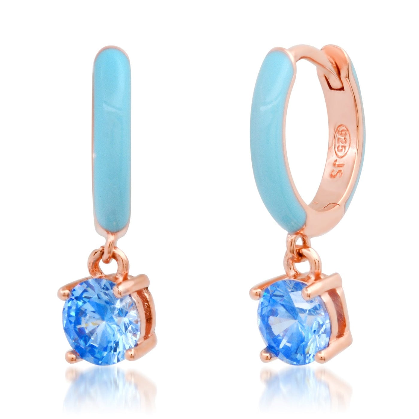 EAR-GPL Rose Gold Vermeil Huggie Hoops with Aqua Enamel & CZ Drop