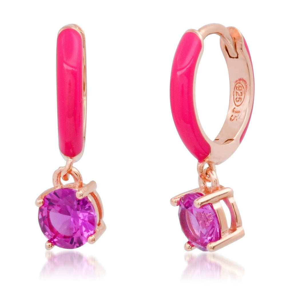 
                      
                        EAR-GPL Rose Gold Vermeil Huggie Hoops with Fuchsia Enamel & CZ Drop
                      
                    