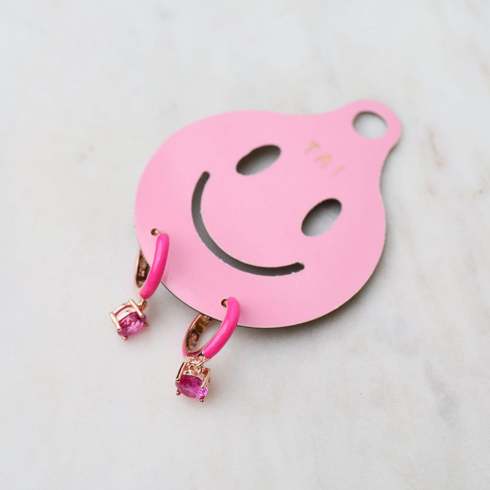 
                      
                        EAR-GPL Rose Gold Vermeil Huggie Hoops with Fuchsia Enamel & CZ Drop
                      
                    