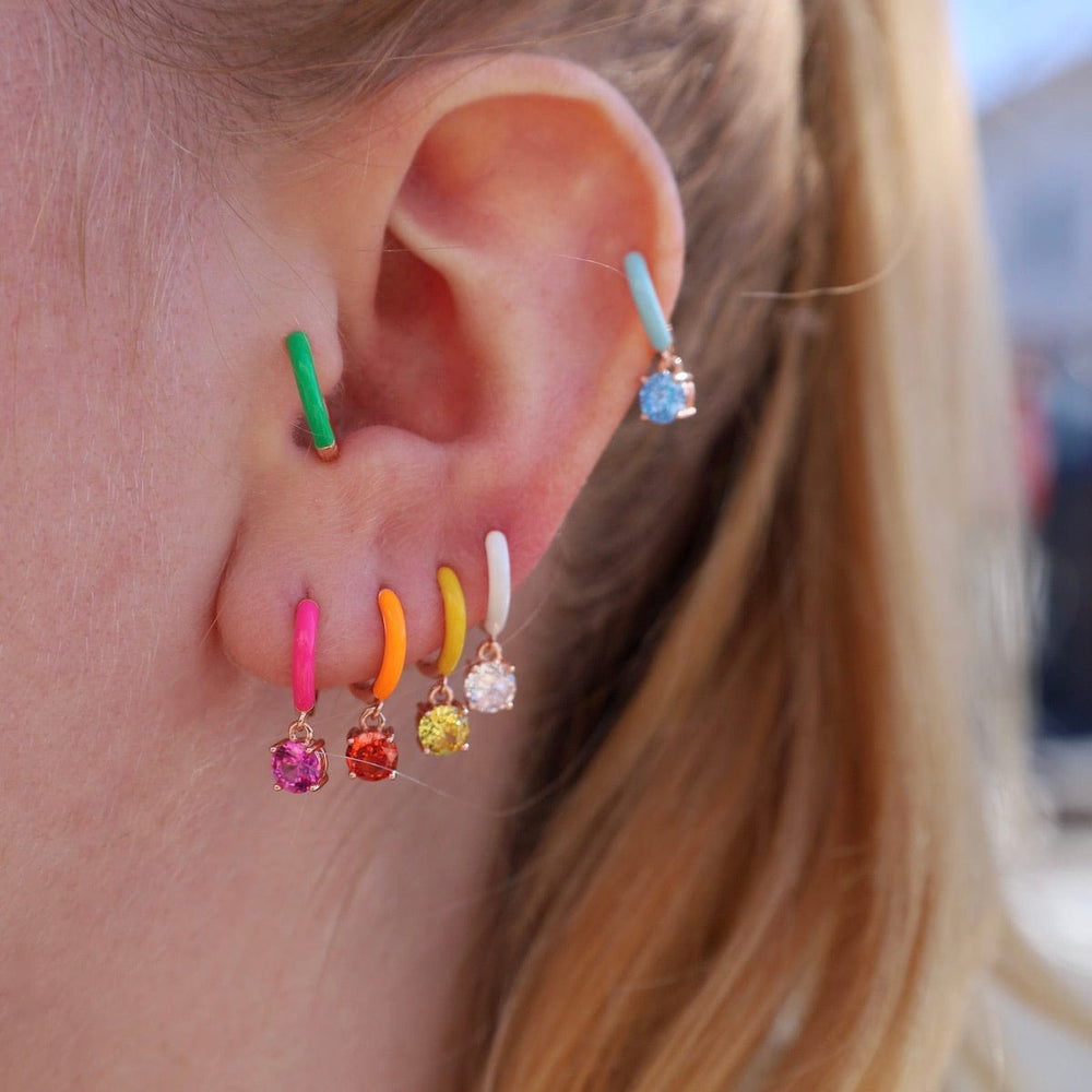 
                      
                        EAR-GPL Rose Gold Vermeil Huggie Hoops with Fuchsia Enamel & CZ Drop
                      
                    