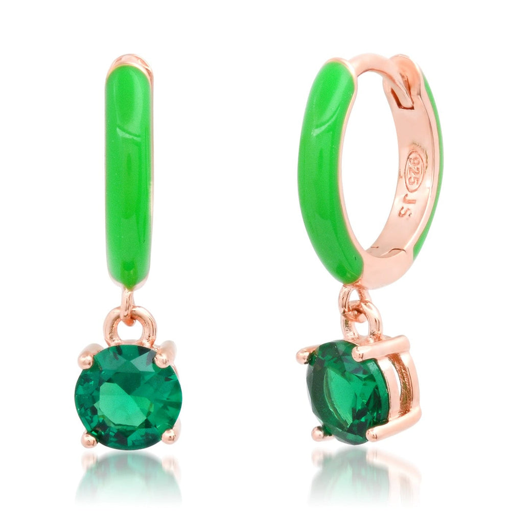 EAR-GPL Rose Gold Vermeil Huggie Hoops with Green Enamel & CZ Drop