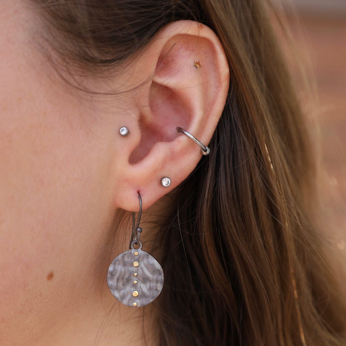 EAR-GPL Round Black Disc with Gold Dots Earrings