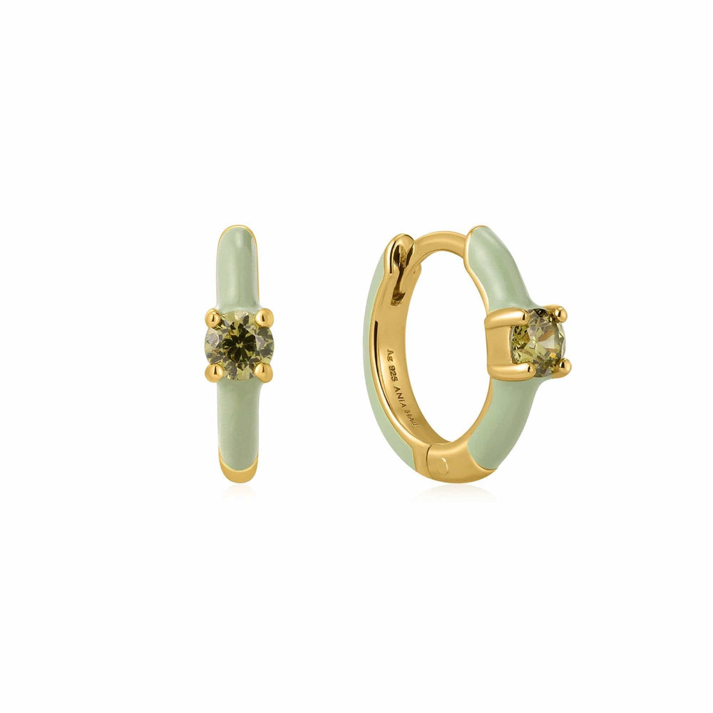 EAR-GPL Sage Enamel Gold Huggie Hoop Earrings