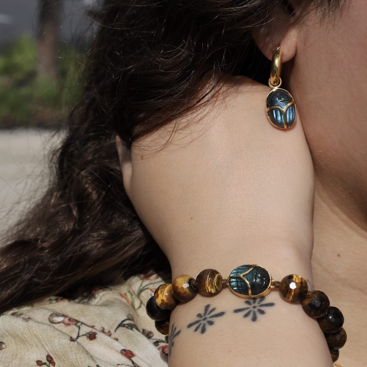 EAR-GPL Scarab Hoop Earrings Labradorite