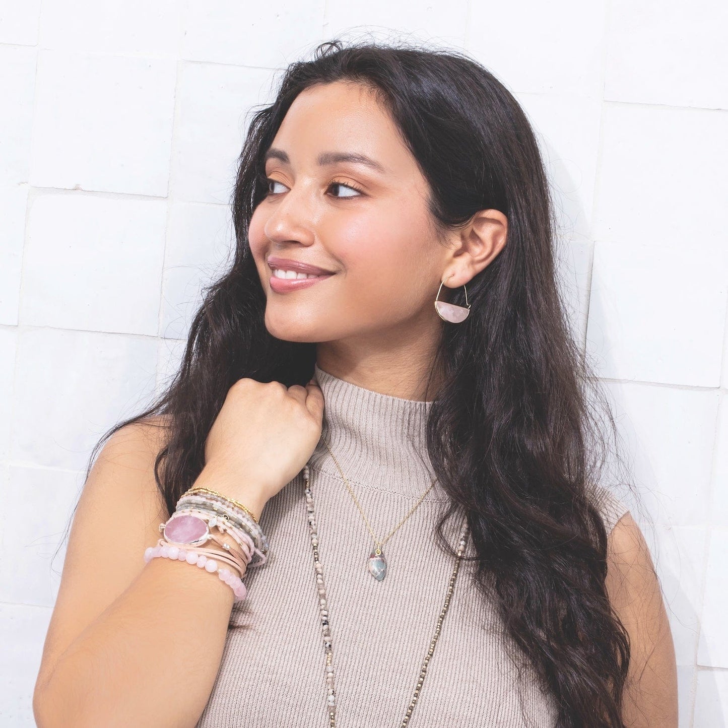 EAR-GPL Scout Stone Prism Hoops - Rose Quartz & Gold