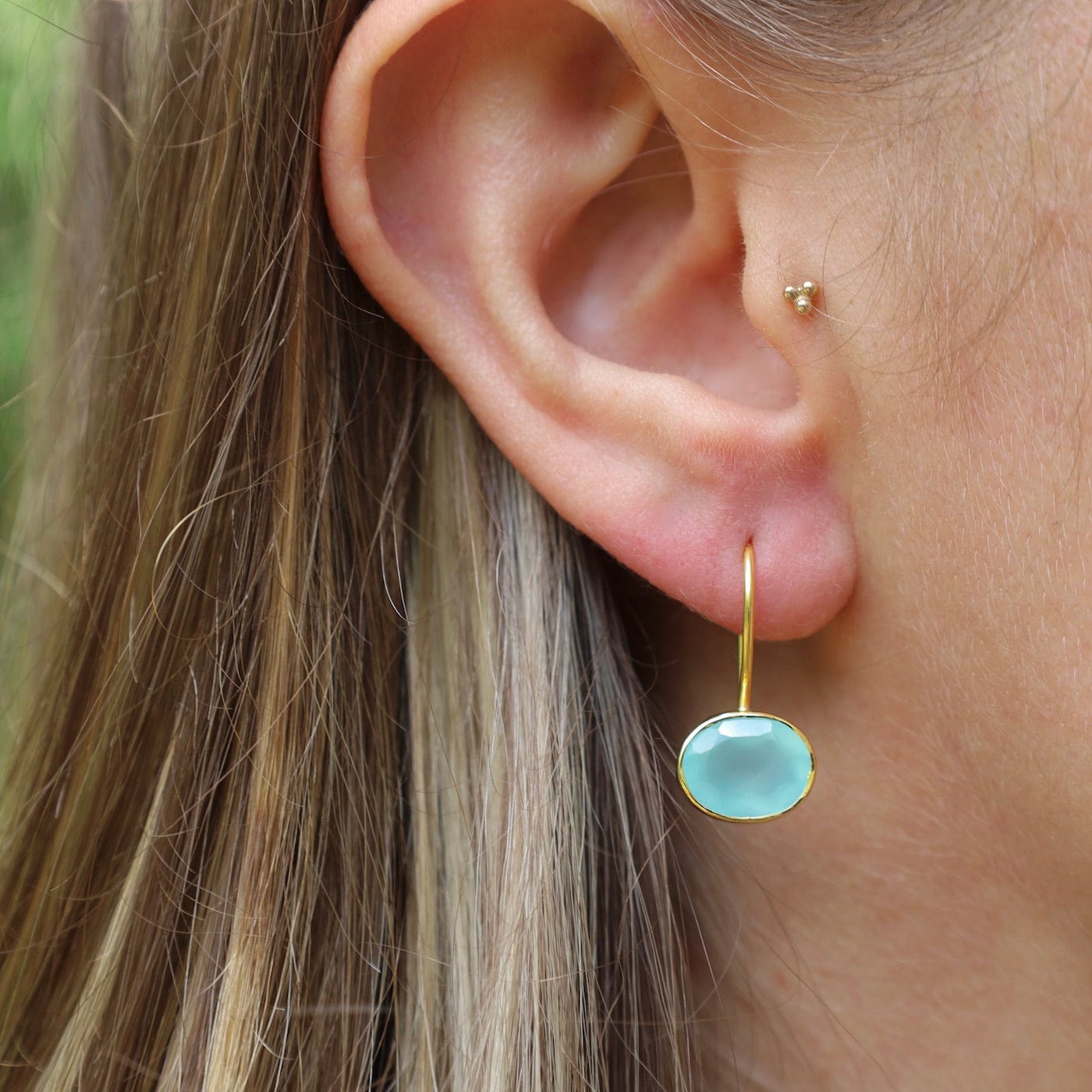 EAR-GPL Small Oval Aqua Chalcedony Gold Earring