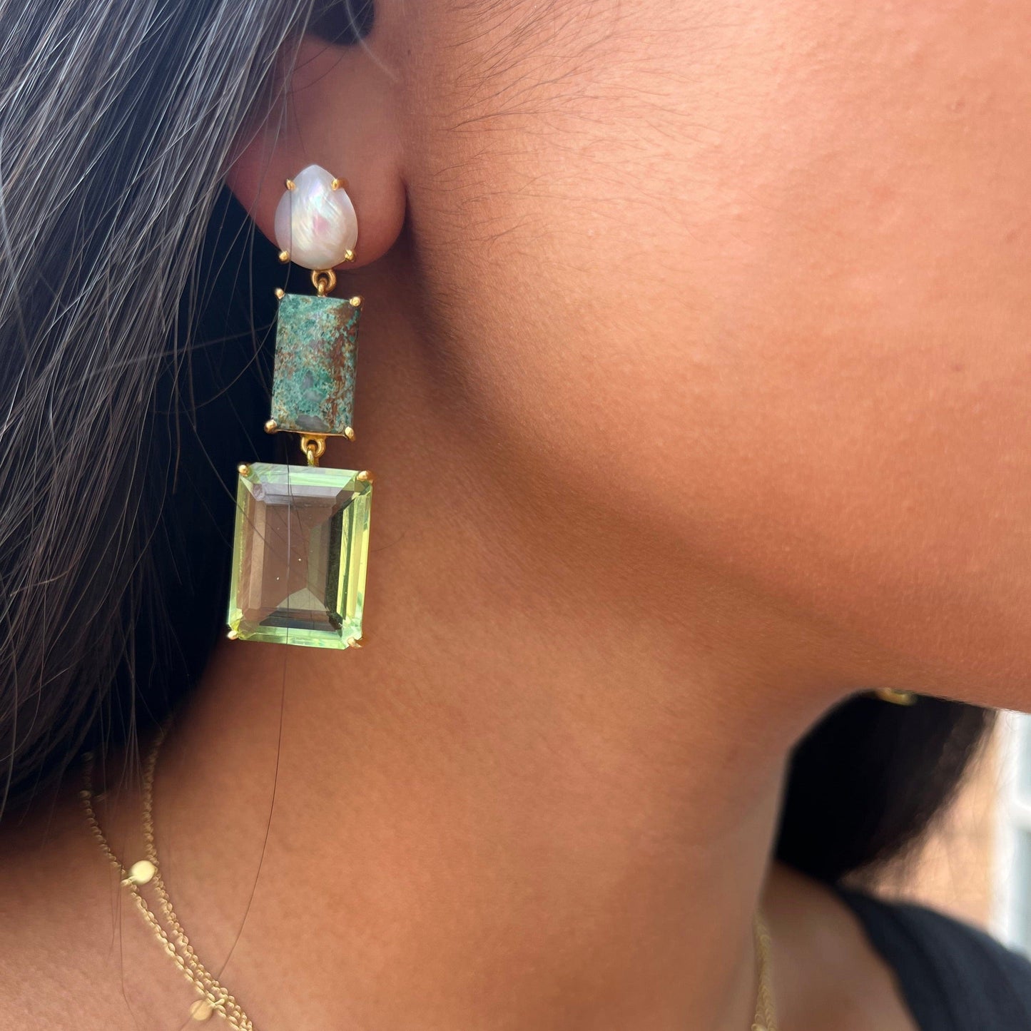 EAR-GPL Statement Earrings with Pearl, Chrysocolla & Green Amethyst