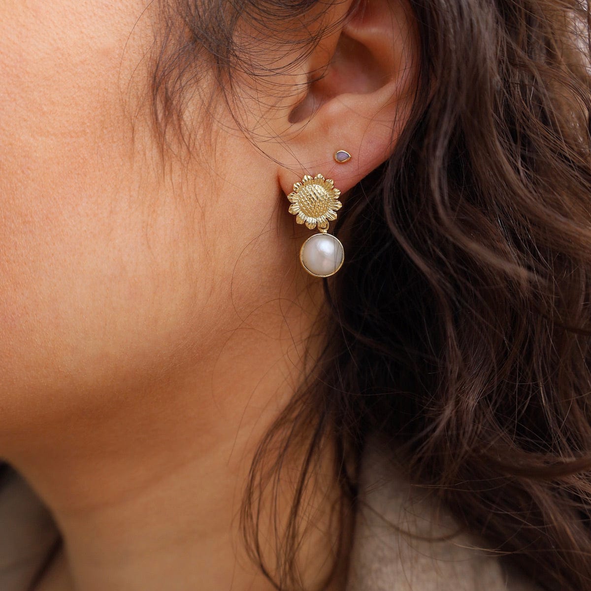 EAR-GPL Sunflower with Pearl Earrings