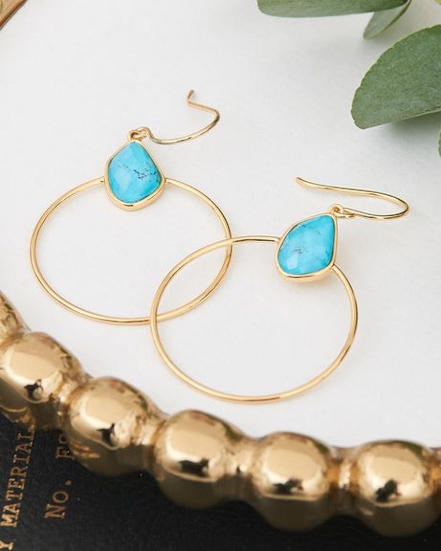 Load image into Gallery viewer, EAR-GPL Turquoise Front Hoop Gold Earrings
