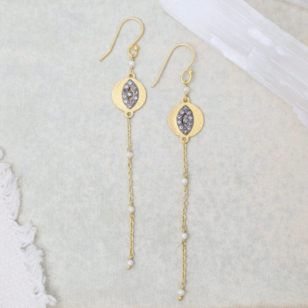 
                      
                        EAR-GPL Two Tone Evil Eye Earrings with Pearl Drop
                      
                    