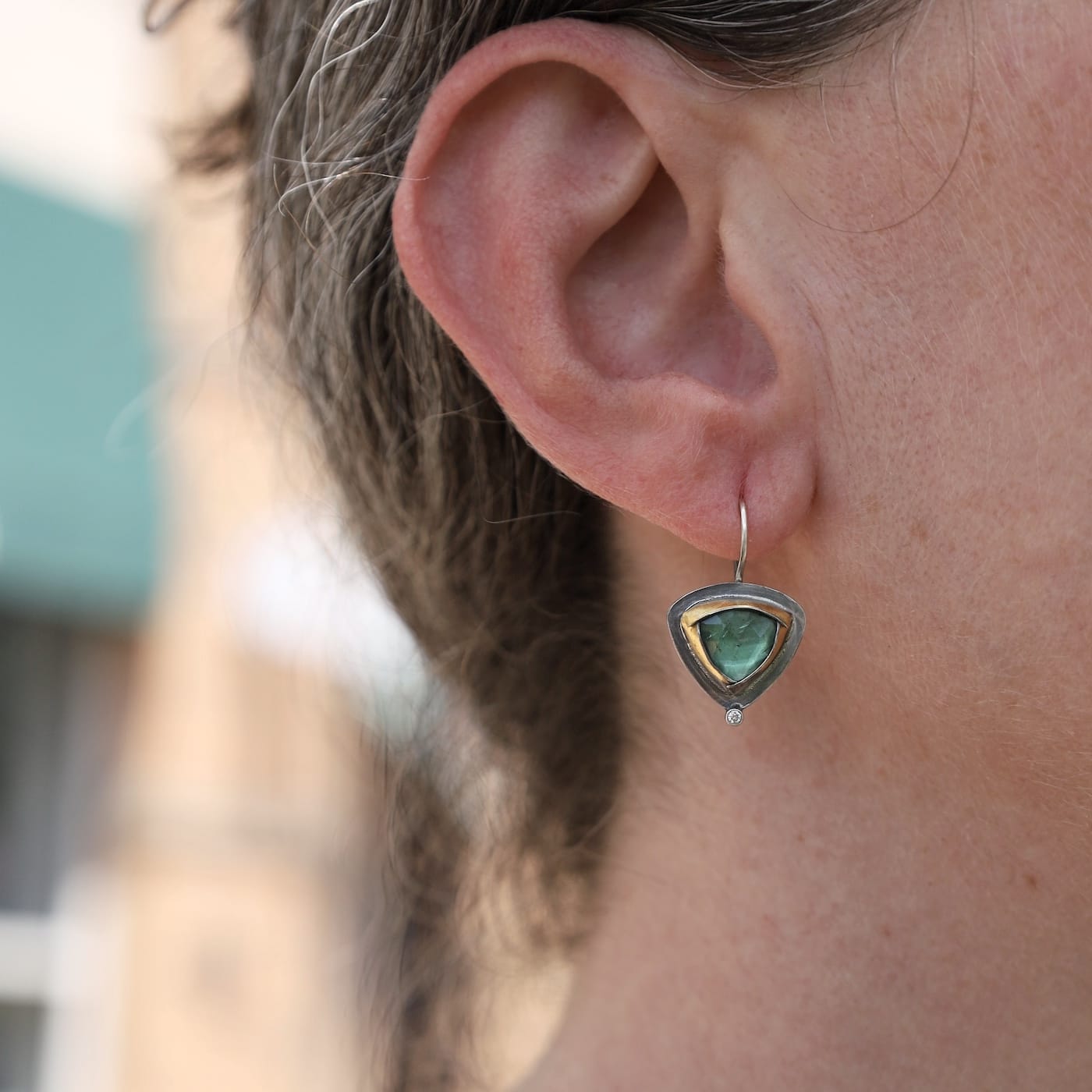 EAR Green Kyanite & Diamond Petite Tri Fold Drop Earrings