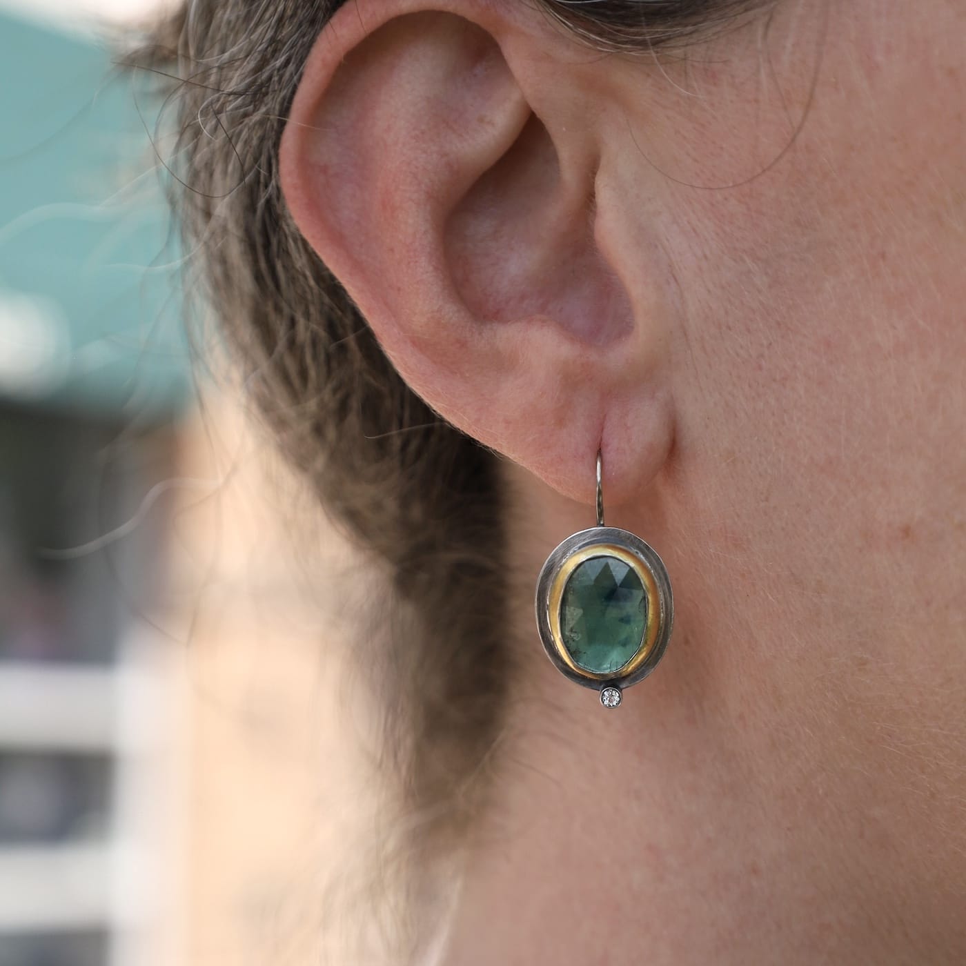 EAR Green Kyanite Oval Crescent Rim Drop Earrings