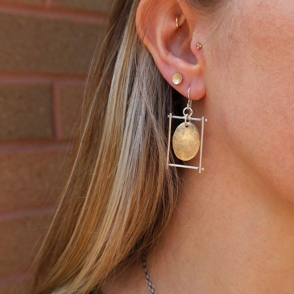 EAR Hammered Brass Disc In Sterling Silver Frame Earrings