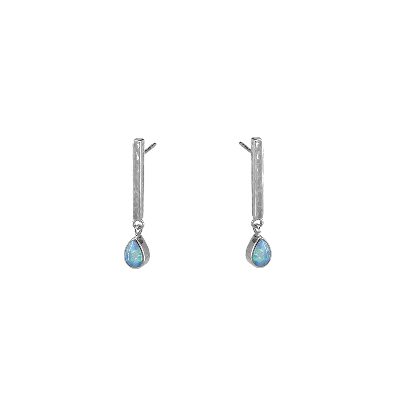 EAR Hammered Sterling Bar Earrings with Opal Drop