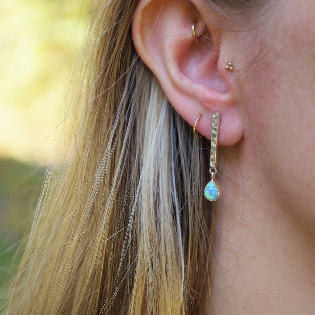 EAR Hammered Sterling Bar Earrings with Opal Drop